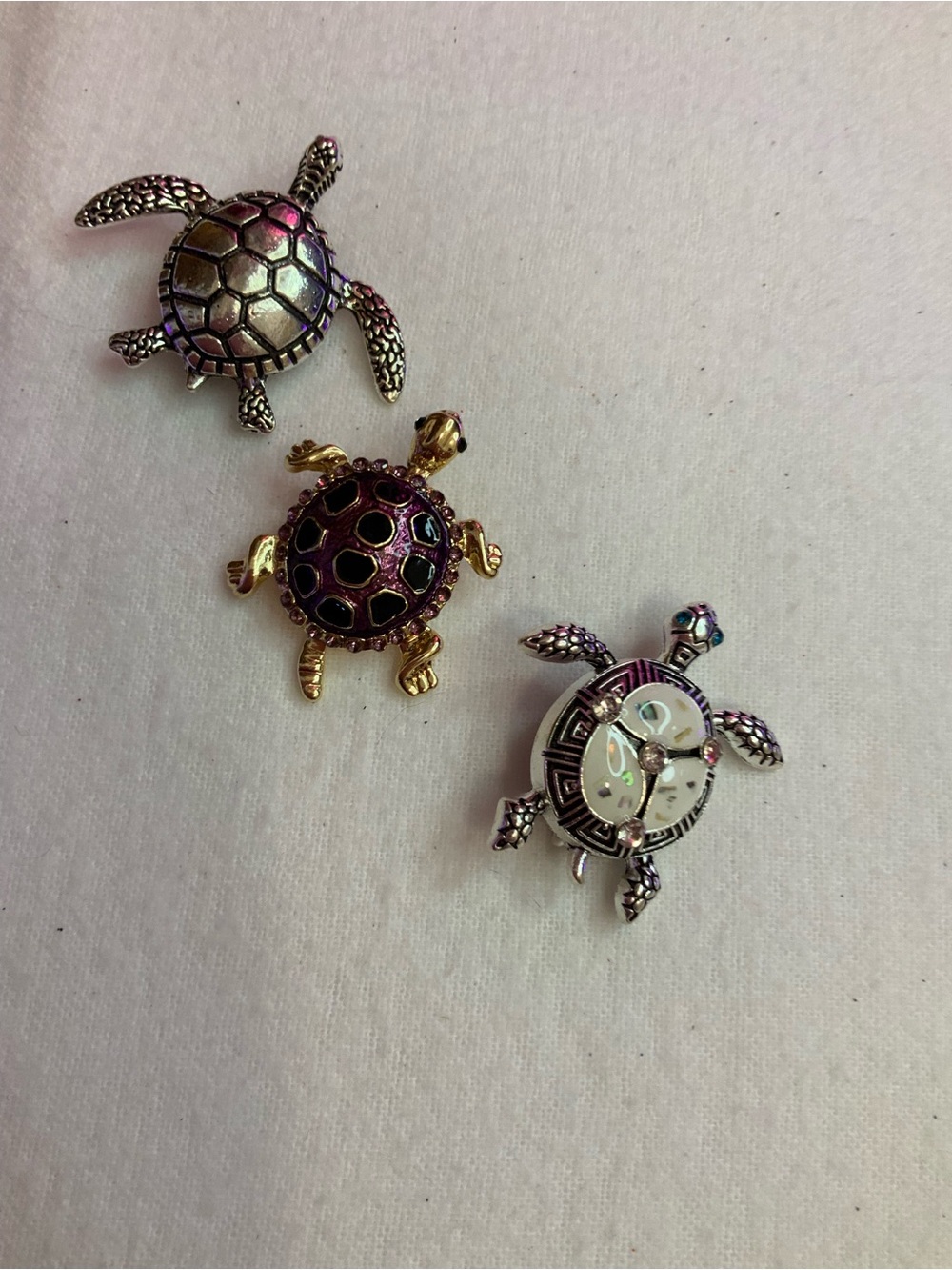 Whimsical Turtle Brooch Trio - Silver, Gold & Purple Accents (Y-8)